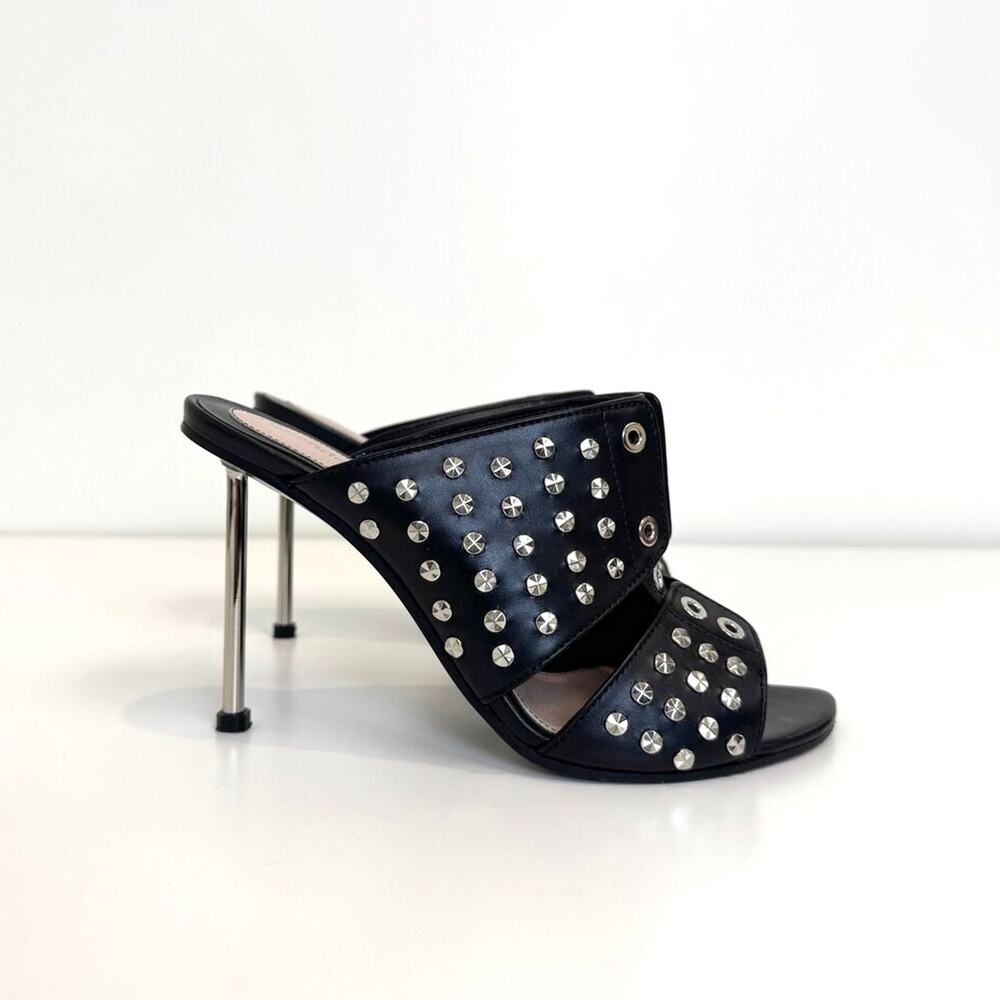 Alexander Mcqueen Black Goya Studded Stiletto Open Toe Mules 38 Grommet Heels
